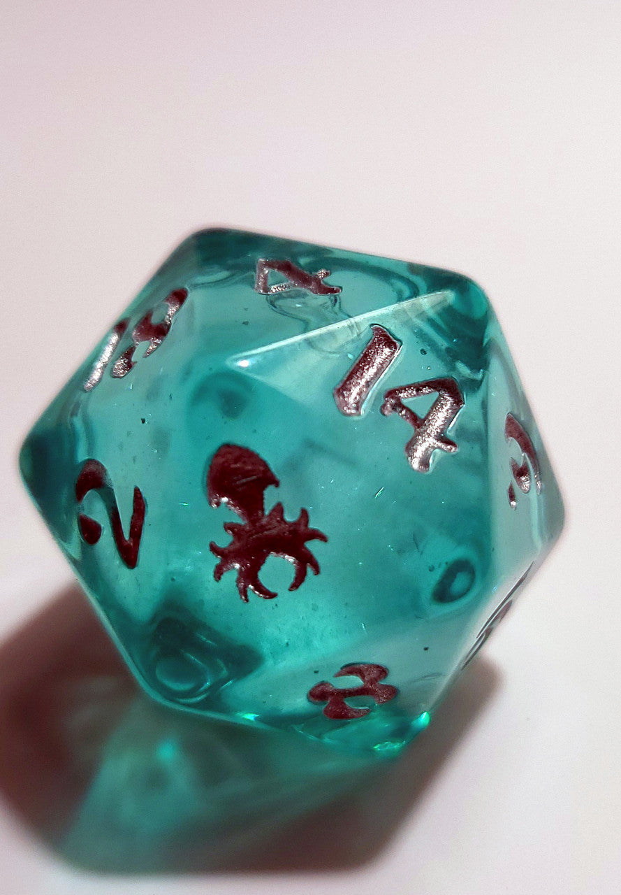 Light Blue Liquid Core Single D20 with Silver Ink
